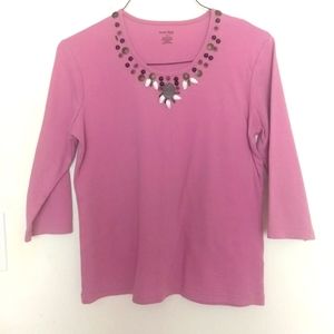 Madison Taylor Rose Pink Beaded Cotton 3/4 Sleeve Blouse Petite Small